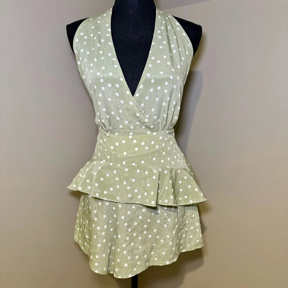 Pretty Little Thing Sage Green Polka Dot Halter Open Back Romper NWOT‎ Size 12